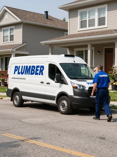 A bright clean branded Plumber GTA service van parked on a residential street in Toronto, a licensed technician in a clean uniform walking towards the house, daytime, crisp details.