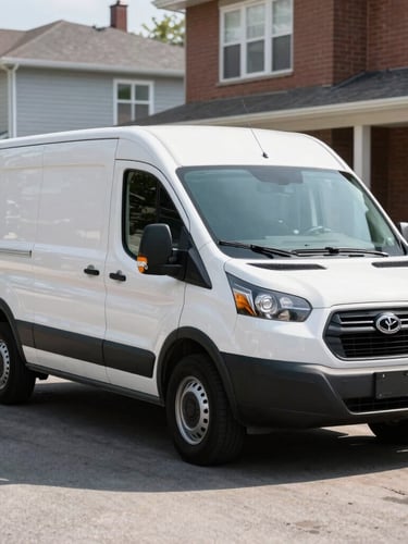 A clean white Plumber GTA service van parked on a bright residential street in Toronto, daylight, professional local service aesthetic
