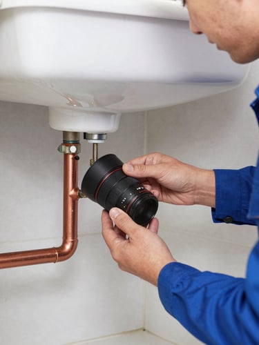 Bright clean photography of a professional technician in a blue uniform repairing residential copper pipes under a sink, natural daylight, crisp details, 35mm lens
