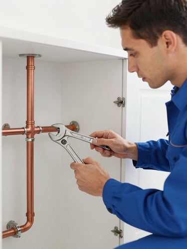 A professional plumber in a clean blue uniform inspecting residential copper pipes with a wrench, bright natural daylight, crisp 35mm photography