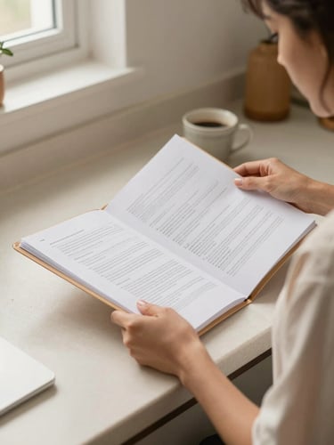 Close medium shot of a Latina woman's hands holding a folder of financial documents on a kitchen counter, soft north-facing natural light, warm cream tones, a cup of coffee visible in the background, unposed and intimate