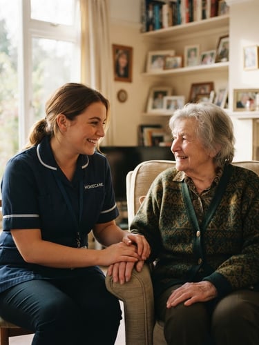 A professional care assistant in a warm, sunlit Lancashire home, smiling gently while conversing with an older adult, soft natural window light, shallow depth of field, natural respectful interaction.