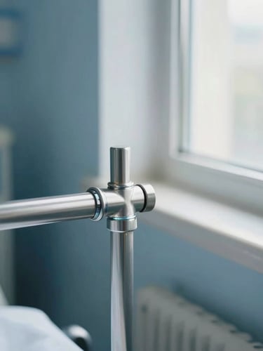Close-up of a medical bed steel joint, clean welds, soft hospital window light, deep blue and clean white tones, professional clinical setting, 35mm