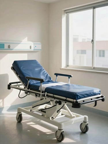 Medium-wide environmental shot of a modern Mexican hospital room, soft warm sunlight from a window illuminating a robust clinical stretcher, deep blue and clean white accents, professional clinical setting, 35mm