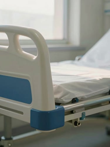 Close-up of a robust mechanical joint of a clinical bed, clean stainless steel, warm natural hospital window light, deep navy details, professional clinical setting, 35mm