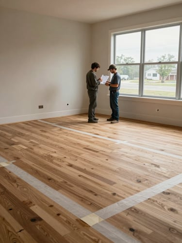 Wide shot of an organized Dallas job site interior, worker reviewing a written proposal on a clipboard near a window, protected hardwood floors with rosin paper taped cleanly, overcast natural daylight, documentary framing