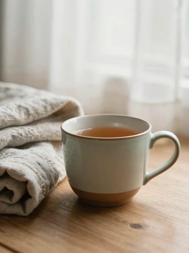 Soft editorial photography of warm herbal tea in a ceramic mug beside folded linen blankets on a wooden floor, soft diffused morning window light, muted sage and clay tones, shallow depth of field, 35mm