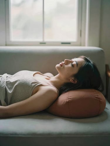 A woman in a cozy living room resting on a bolster, soft morning light filtering through a window, muted sage and clay tones, 35mm photography.