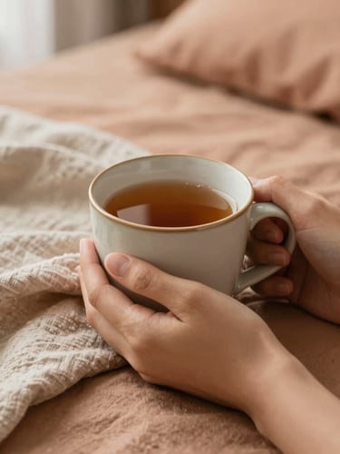 A close-up shot of hands holding a warm ceramic mug of herbal tea, resting on soft organic cotton sheets with a linen blanket nearby, warm clay tones, shallow depth of field.