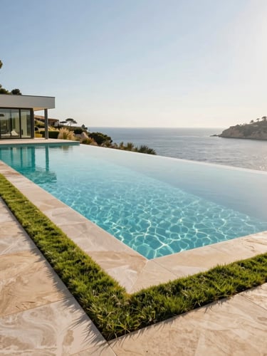 Low-angle architectural shot of a modern villa's infinity pool with crystal-clear water, perfectly manicured green grass bordering the stone deck, Costa Brava coastline in the background, bright morning light.