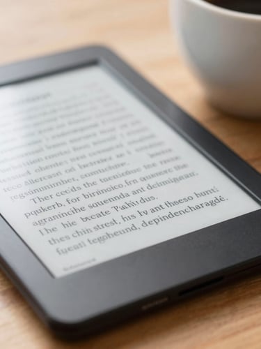 Close-up of a modern e-reader screen displaying crisp, elegant serif typography, resting on a warm wooden table beside a ceramic coffee cup, soft natural morning daylight, shallow depth of field