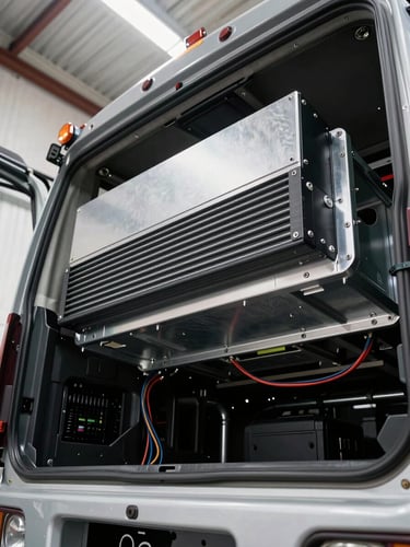 Close-up overhead shot of a truck cab interior mid-installation, amplifier mounting bracket being secured to custom fabricated steel panel, wiring looms routed neatly along the firewall under bright even workshop lighting