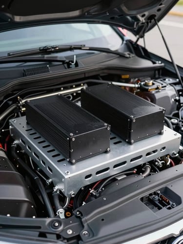 Close-up of an amplifier rack mounted inside a performance car engine bay bulkhead, custom aluminum bracket with ventilation slots, thermal pads visible beneath each amp, bright even daylight from the open hood above showing every fastener and heat-management detail