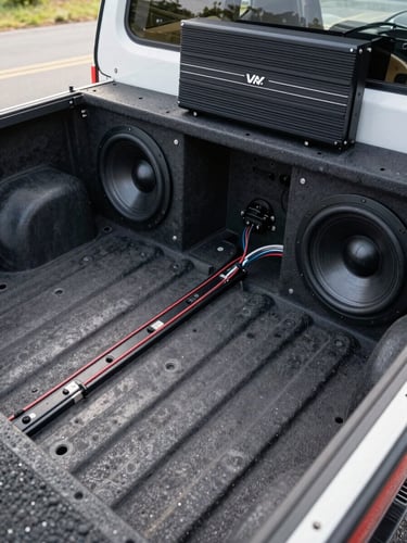 Overhead technical documentation view of a truck bed custom subwoofer enclosure installation, precision-routed wiring visible across the cargo floor, amplifier rack mounted flush against the cab wall, bright even daylight lighting revealing integration detail