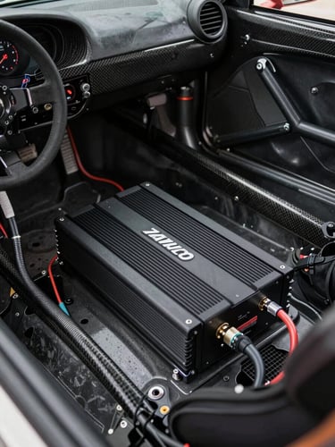 Close-up of a race car interior mid-installation, custom amplifier mounted in the footwell with precision cable routing visible along the carbon fiber transmission tunnel, studio-quality even lighting showing component placement detail, no driver present