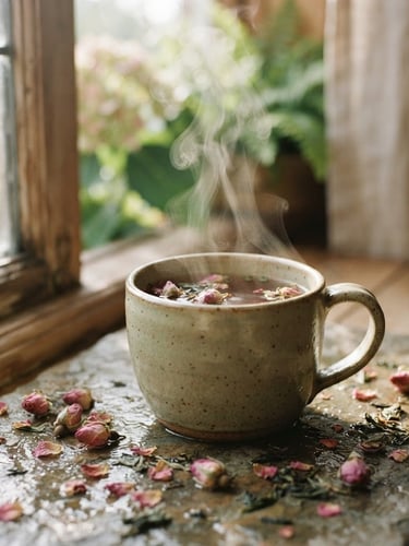 Soft-focus close-up of steam rising from a ceramic mug of herbal tea, delicate dried rosebuds and green tea leaves scattered on a wet stone surface nearby, diffused morning window light, muted pink and sage green tones, shallow depth of field, 35mm