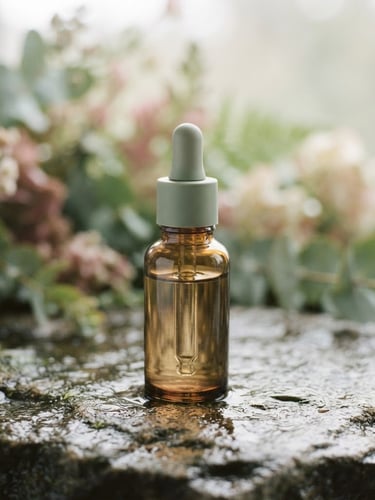Close-up of a glass dropper bottle on wet stone, soft diffused morning light, shallow depth of field, muted pink and sage green tones, 35mm, botanical elements in background.