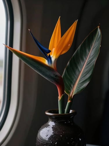 A single architectural bird of paradise stem in a dark ceramic vase inside a climate-controlled transport cabin, dramatic side-lit chiaroscuro, deep dark background, rich saturated botanical colors, macro 35mm