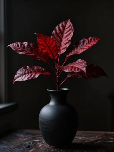 A single structural protea in a minimalist black ceramic vase, dramatic side-lit chiaroscuro, deep dark background, rich crimson tones, macro 35mm portrait photography