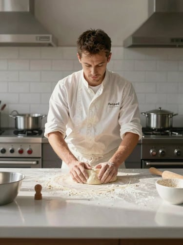 Bright, daylight-filled kitchen with a local baker kneading dough on a clean counter, straight-on framing, high-contrast details.