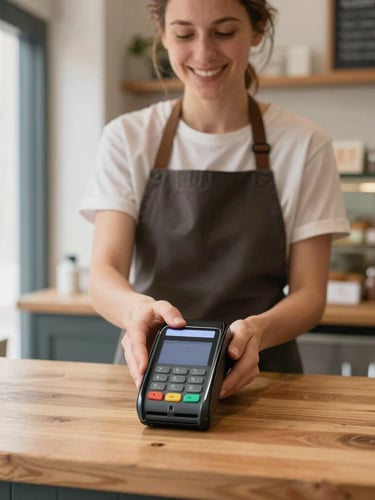 Straight-on eye-level bright daylight shot of a local bakery owner placing a modern payment terminal on a clean wooden counter, smiling.