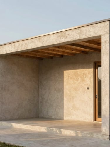 A wide architectural elevation of a concrete and timber residential pavilion, warm afternoon sun casting long linear shadows on textured plaster walls
