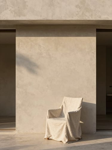 A straight-on architectural elevation of a minimalist concrete and plaster interior. Soft afternoon light casts long shadows across a textured beige wall, with a single linen-draped chair in the foreground.