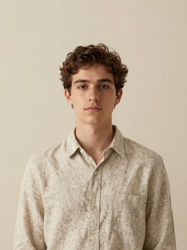 A straight-on architectural portrait of a young designer in a neutral linen shirt, soft warm side lighting, minimalist cream plaster background