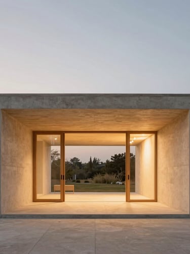 Straight-on architectural elevation of a concrete and timber pavilion at dusk, warm interior glow, diffuse natural twilight, minimalist landscape