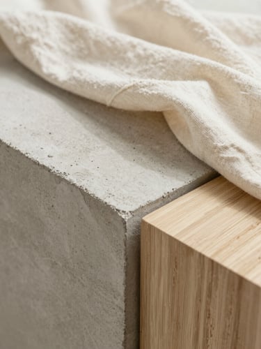 Extreme close-up of material textures showing raw board-formed concrete, soft cream linen fabric drape, and light oak wood grain under soft morning light