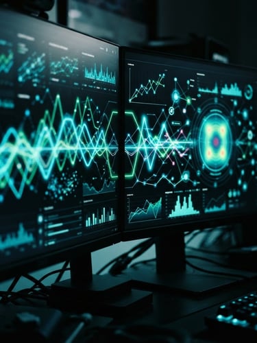 Macro close-up of a high-performance marketing dashboard on a dual-monitor setup, glowing neon cyan and electric green telemetry lines, dark moody studio lighting, 35mm