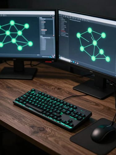 Overhead desk layout of a developer workstation with dual monitors showing active marketing automation node networks, electric green key lights, dark studio setting.