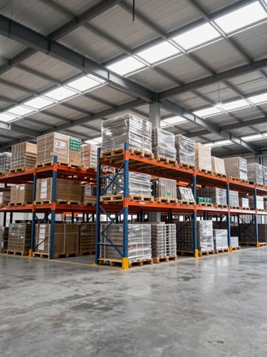 Wide-angle environmental shot of modern high-ceiling warehouse interior, organized pallet racking with clean industrial lighting, bright daylight streaming through high windows, 35mm