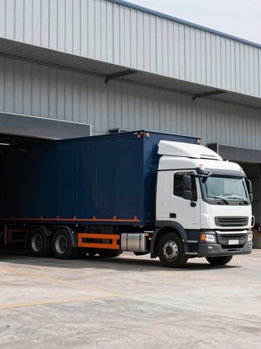 Crisp industrial photography of a modern warehouse loading dock, a logistics truck parked at the bay, bright natural daylight, cool grey and navy tones, sharp focus, 35mm