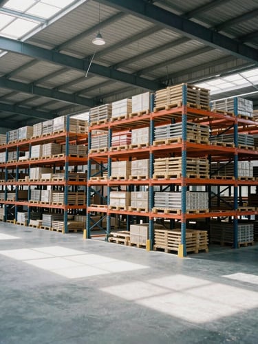 A wide-angle crisp industrial photograph of a modern high-ceiling warehouse interior with organized orange pallet racking and bright natural daylight, 35mm