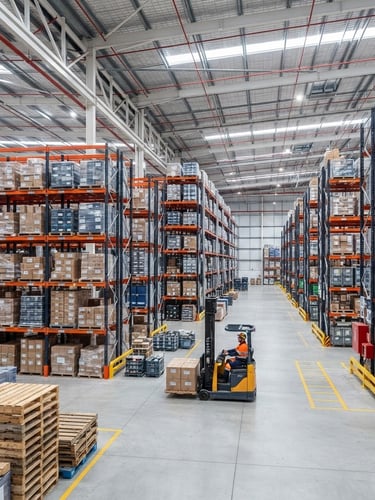Wide-angle environmental shot of a modern high-ceiling warehouse interior, organized industrial pallet racking systems, bright clean industrial lighting, 35mm.