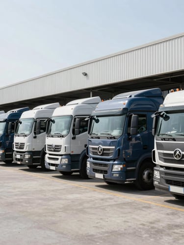 A fleet of modern logistics trucks parked at clean concrete loading docks under bright natural daylight, crisp industrial photography, 35mm.