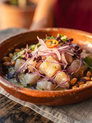 Macro close-up of a perfectly plated modern ceviche, delicate purple corn shoots, cold-pressed lime glaze, warm golden hour side lighting, shallow depth of field, 35mm