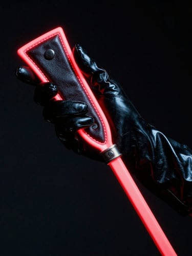 Low angle shot of a high-gloss black latex glove holding a leather riding crop, sharp crimson neon rim light, dark cyber-noir background, 35mm photography