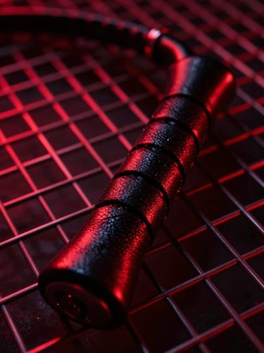 Extreme close-up of a black leather whip handle resting on a metallic grid, deep red neon rim lighting, high-gloss textures, cyber-noir style
