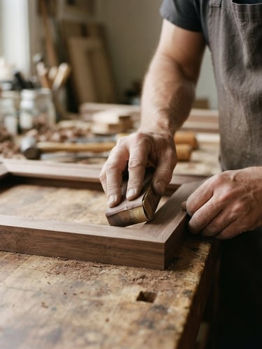 Primer plano de manos de artesano lijando suavemente un marco de madera de nogal bajo luz natural, enfoque en la textura de la madera y las herramientas tradicionales.