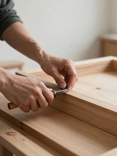 Primer plano de manos expertas ensamblando con precisión un marco de madera maciza de roble, con herramientas tradicionales y luz suave, en un taller minimalista.