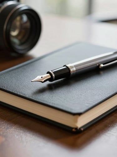 Macro close-up of high-end physical executive tools, a heavy black notebook and a classic fountain pen resting on a polished boardroom table, soft window light, shallow depth of field.