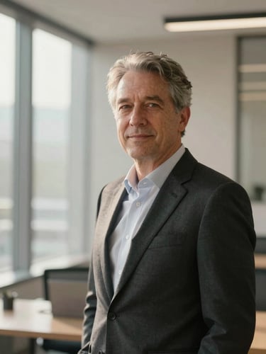 Highly professional, warm-toned executive portrait of a senior consultant in a tailored dark suit, soft natural office daylight, minimalist neutral architectural background.