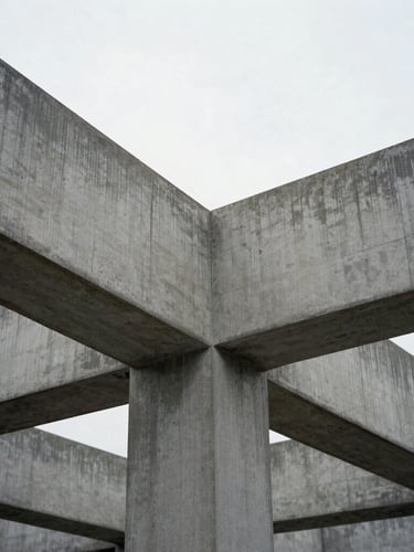 Minimalist architectural photograph of interlocking concrete beams, diffused overcast daylight, sharp geometric composition, desaturated slate tones, 35mm