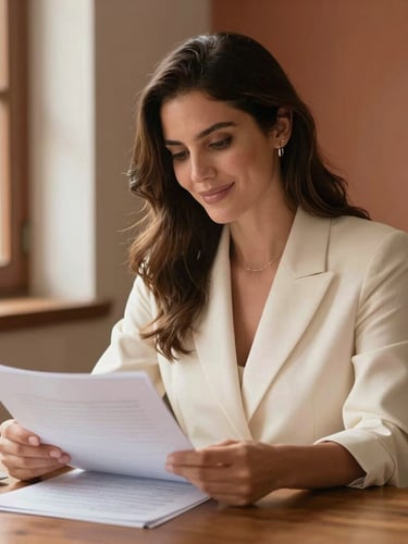 Medium portrait of Sofia Muñoz, warm natural light, soft smile, reviewing documents on a wooden table, terracotta and cream color palette, professional depth of field
