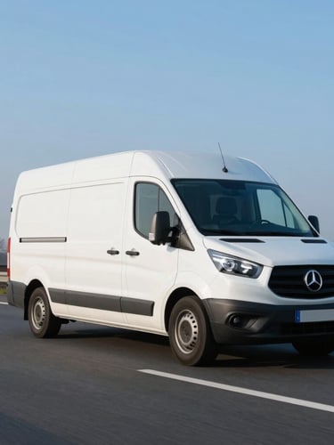 Low-angle dynamic tracking shot of a clean white refrigerated cargo van driving on a Dutch highway near Den Haag, crisp morning daylight, cool blue tones, professional commercial photography, 35mm lens