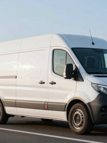 Dynamic low-angle tracking shot of a clean white refrigerated transport van driving on a Dutch highway, crisp morning daylight reflecting on the body, 35mm lens