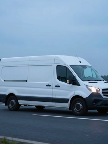 Side view of a clean white refrigerated transport van driving on a Dutch highway during the early morning blue hour, crisp light, professional photography