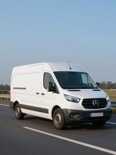 Dynamic low-angle tracking shot of a modern white transport van in motion on a Dutch highway, crisp morning daylight with cool blue and slate tones, sharp focus, 35mm lens.